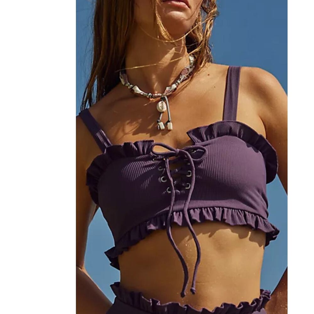 Ruffled Lace-Up Ribbed Bikini Top - Purple